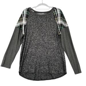 Cool Melon Heathered Plaid‎ Shoulder Panels Long Sleeve Curved Hem Tunic XL